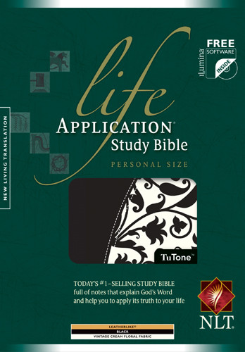 Life Application Study Bible NLT, Personal Size, TuTone - LeatherLike Black/Vintage Cream Floral Fabric TuTone With ribbon marker(s)