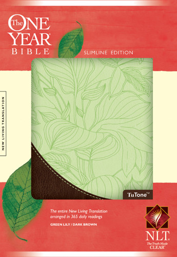The One Year Bible Slimline Edition NLT, TuTone - LeatherLike Dark Brown/Green Lily TuTone With ribbon marker(s)