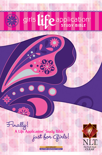 Girls Life Application Study Bible NLT, Butterfly - LeatherLike Glittery Grape Butterfly With ribbon marker(s)