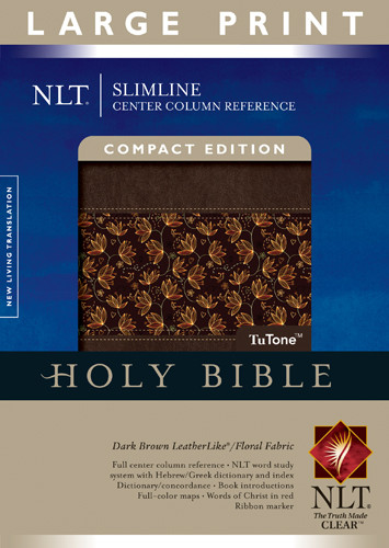 Slimline Center Column Reference Bible NLT, Compact edition, Large Print, Floral TuTone (Red Letter, LeatherLike, Dark Brown/Floral Fabric, Indexed) - LeatherLike Dark Brown/Floral Fabric With thumb index and ribbon marker(s)