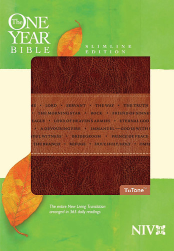 The One Year Bible NIV, Slimline Edition, TuTone - LeatherLike Brown/Multicolor/Tan With ribbon marker(s)