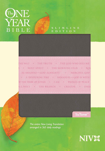 The One Year Bible NIV, Slimline Edition, TuTone  - LeatherLike Heather Gray/Multicolor/Pink With ribbon marker(s)