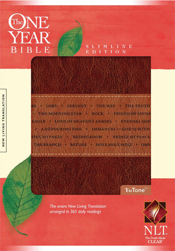 The One Year Bible NLT, Slimline Edition, TuTone (LeatherLike, Brown/Tan) - LeatherLike Brown/Multicolor/Tan With ribbon marker(s)