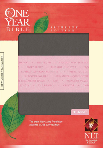 The One Year Bible NLT, Slimline Edition, TuTone  - LeatherLike Heather Gray/Multicolor/Pink With ribbon marker(s)