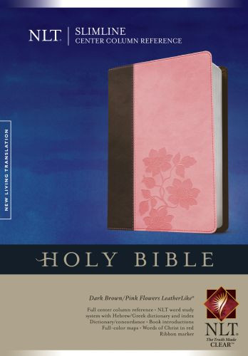 Slimline Center Column Reference Bible NLT, TuTone  - LeatherLike Dark Brown/Pink Flowers With thumb index and ribbon marker(s)