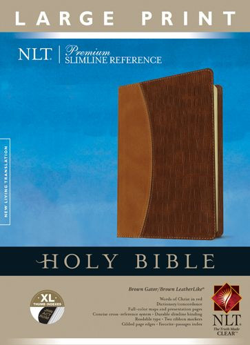 Premium Slimline Reference Bible NLT, Large Print, TuTone (Red Letter, LeatherLike, Brown Gator/Brown, Indexed) - LeatherLike Brown/Brown Gator/Multicolor With thumb index and ribbon marker(s)