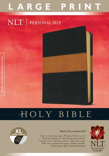 Holy Bible NLT, Personal Size Large Print edition, TuTone  - LeatherLike Black/Tan With thumb index and ribbon marker(s)