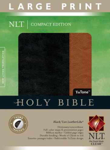 Compact Edition Bible NLT, Large Print, TuTone  - LeatherLike Black/Tan With thumb index and ribbon marker(s)