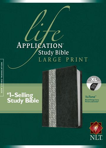 NLT Life Application Study Bible, Second Edition, Large Print, Floral TuTone (Red Letter, LeatherLike, Black/Vintage Ivory Floral, Indexed) - LeatherLike Black/Vintage Ivory Floral With thumb index