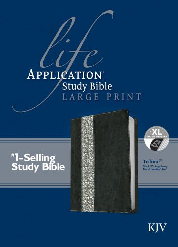 KJV Life Application Study Bible, Second Edition, Large Print, Tutone (Red Letter, LeatherLike, Black/Vintage Ivory Floral, Indexed) - LeatherLike Black/Vintage Ivory Floral With thumb index and ribbon marker(s)