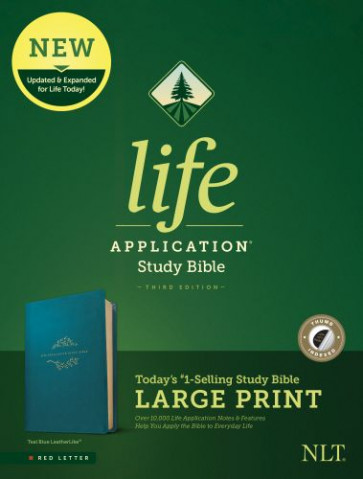NLT Life Application Study Bible, Third Edition, Large Print (LeatherLike, Teal Blue, Indexed, Red Letter) - LeatherLike Teal Blue With thumb index and ribbon marker(s)