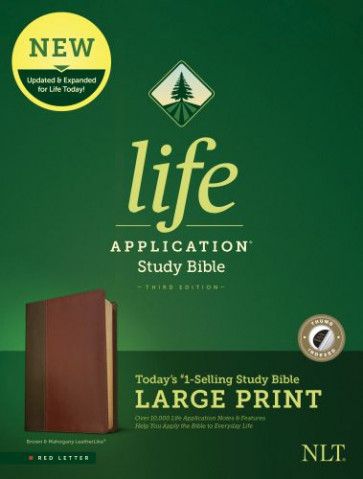 NLT Life Application Study Bible, Third Edition, Large Print (LeatherLike, Brown/Mahogany, Indexed, Red Letter) - LeatherLike Mahogany With thumb index and ribbon marker(s)