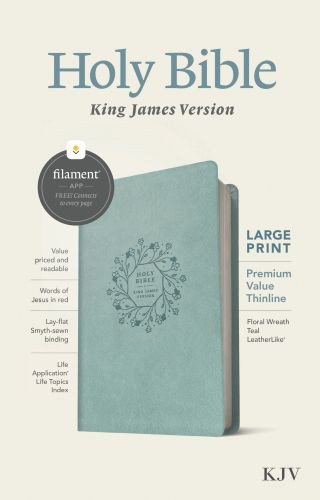 KJV Large Print Premium Value Thinline Bible, Filament-Enabled Edition (LeatherLike, Floral Wreath Teal, Red Letter) - LeatherLike Floral Wreath Teal Imitation Leather