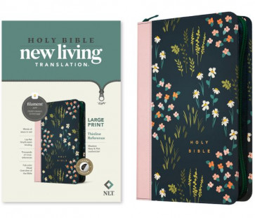 NLT Large Print Thinline Reference Zipper Bible, Filament Enabled Edition  - LeatherLike Meadow Navy & Pink With thumb index and ribbon marker(s)