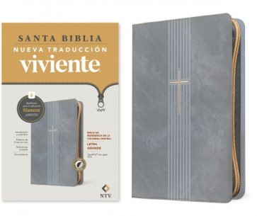 Biblia de referencia en la columna central NTV, letra grande de zíper con Filament (SentiPiel, Gris, Índice, Letra Roja) - LeatherLike Gray With thumb index and zip fastener