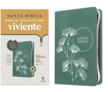 Biblia de referencia en la columna central NTV, letra grande de zíper con Filament (SentiPiel, Verde, Índice, Letra Roja) - LeatherLike With thumb index and zip fastener
