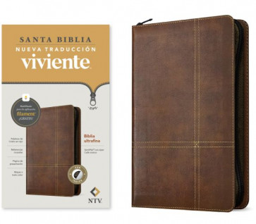 Biblia ultrafina NTV de zíper, con Filament (SentiPiel, Café rústico, Índice, Letra Roja) - LeatherLike Rustic Brown With thumb index and zip fastener